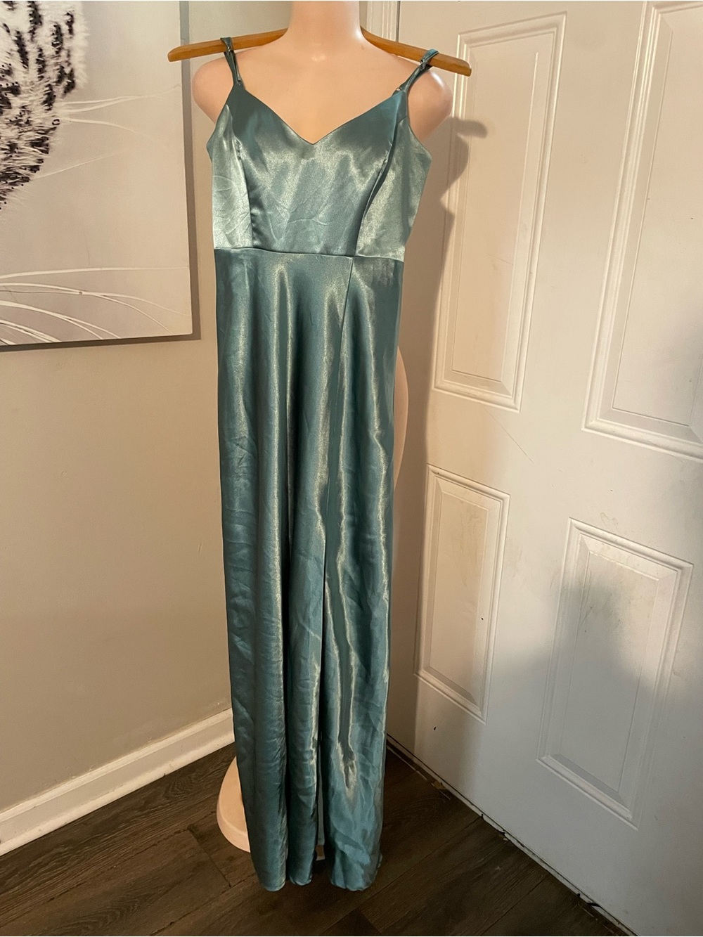 Jay Shiny Satin sea glass Dress Women’s XS bridesmaid vneck long prom